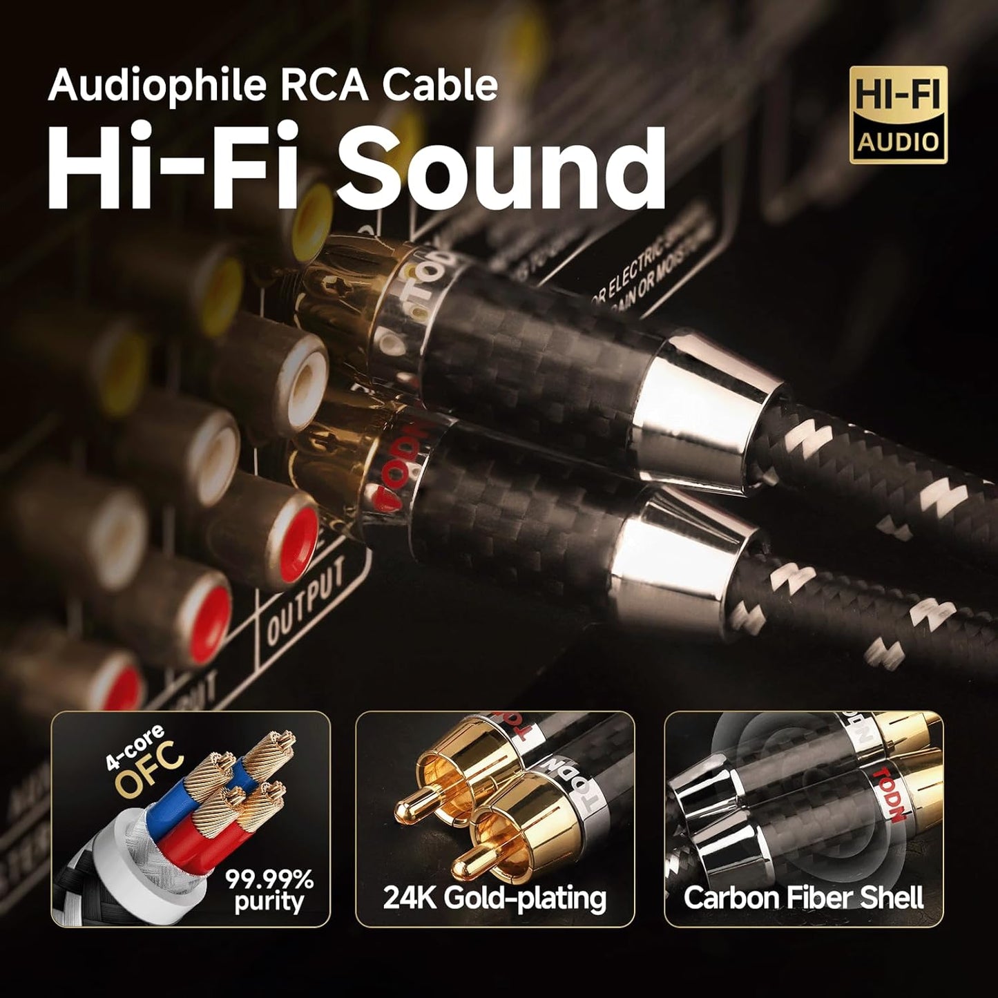 TODN HiFi RCA to RCA Audio Cables Audiophile with OFC Core for Subwoofer, Phono, Amplifiers, Speakers(6.5ft/2m, 1 Pair)