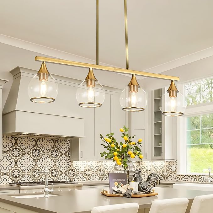 Island Light for Kitchen, 4-Light Gold Kitchen Island Linear Hanging Pendant Chandeliers, Brushed Gold Dining Room Light Fixture Over Table with Clear Round Glass Shades