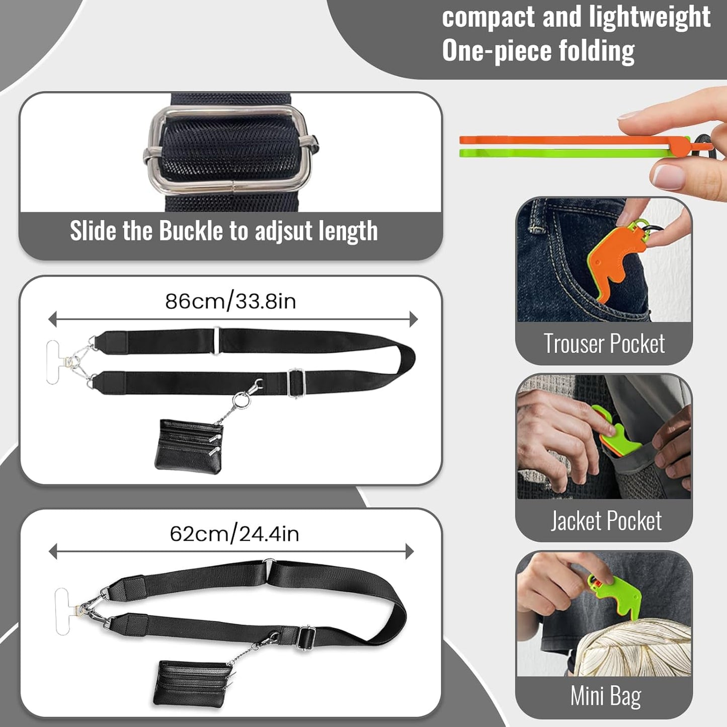 Clip and Go Strap for Phone with Wallet Crossbody Phone Strap Lanyard for Women with Pouch Cell Phone Stand Holder 2 Patches Tether Adjustable Anti Theft Cellphone Chain for iPhone All Phones Black