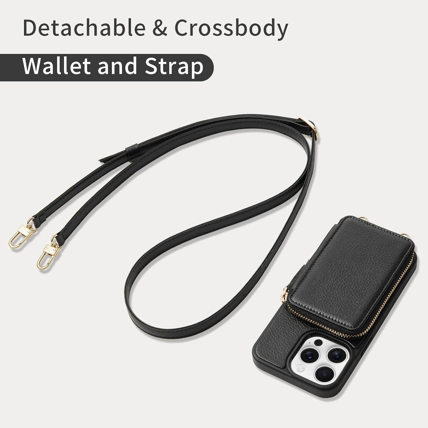 ZVE for iPhone 15 Pro Wallet Case, Crossbody Phone Purse with Card Holder for Women, Zipper Leather RFID Blocking Carrying Cover with Wrist Strap for iPhone 15 Pro 6.1 inch- Black