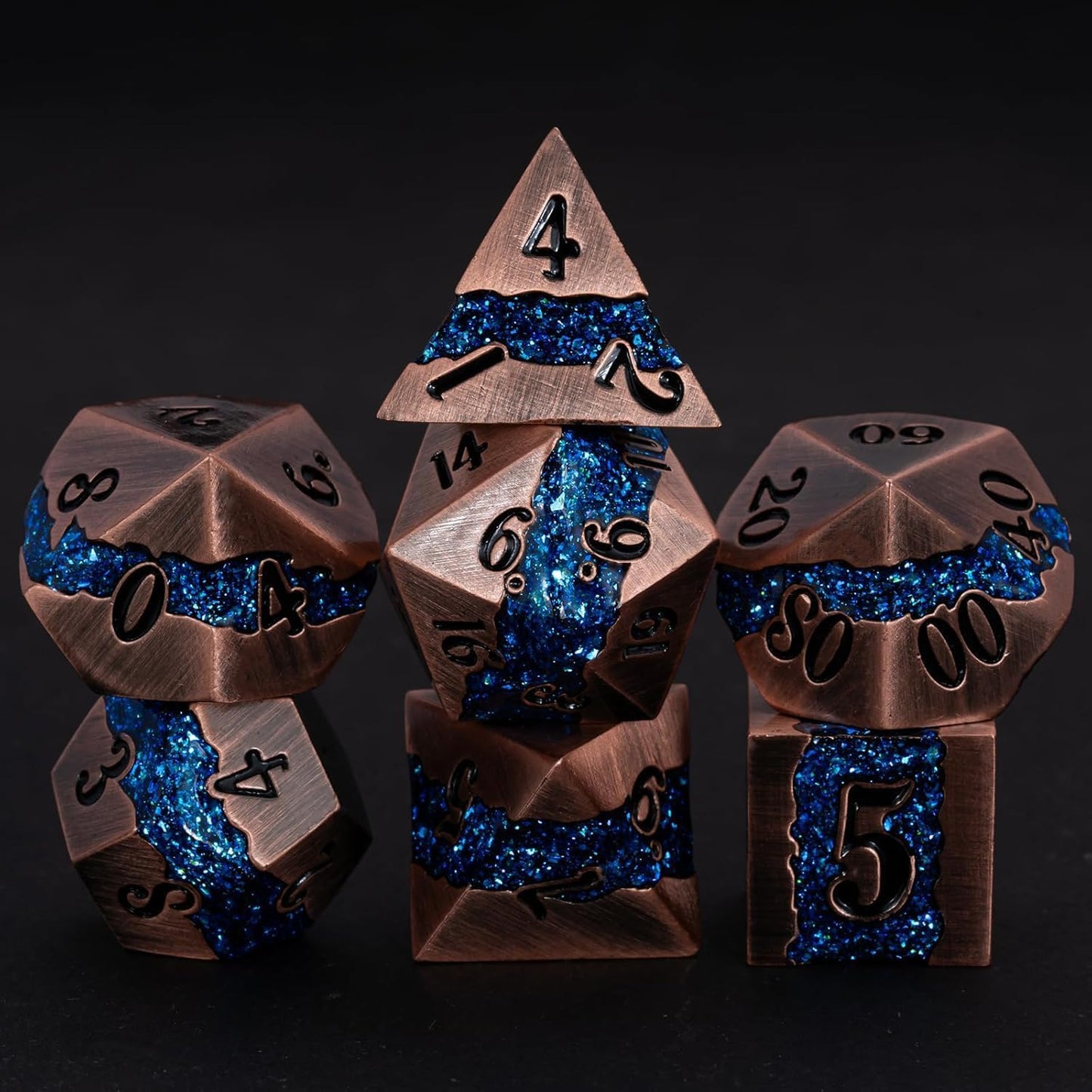Metal DND Polyhedral Dice,Large Stripe Glitter Metallic Dice Set,Antique Silver Dice 7pcs Set for Role Playing Games(Antique Copper Blue)