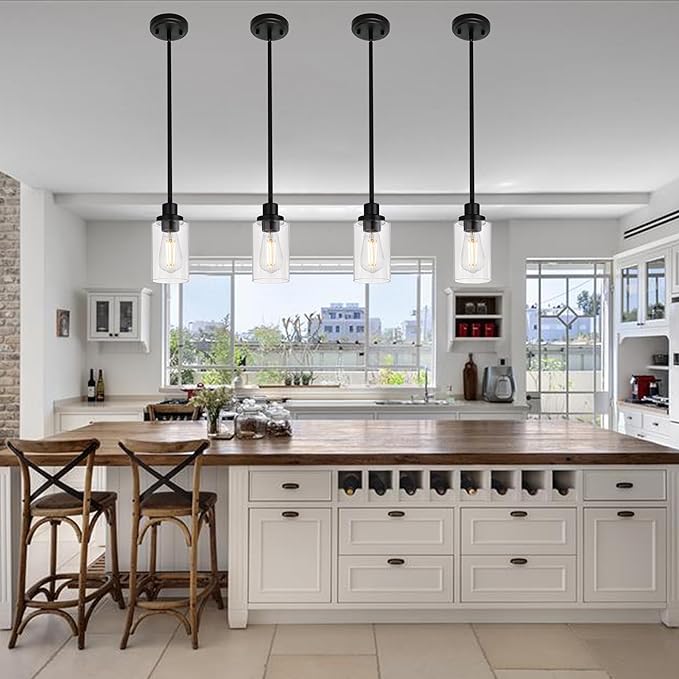 MELUCEE 2-Pack Pendant Light Black Adjustable Hanging Light Fixtures Ceiling with Clear Glass Shade, Set of Two Mini Pendant Lighting for Kitchen Island Hallway Porch Corridor