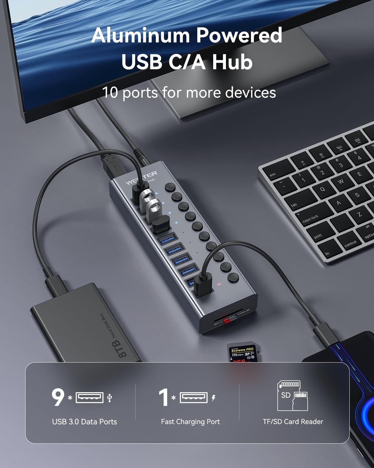 WENTER Powered USB Hub 3.0 with SD/TF Card Reader, Aluminum 10 Port Powered USB Hub (9 USB 3.0 Data Transfer Port & 1 USB Fast Charging Port Hub) USB 3.0 Hub for PC, Laptop