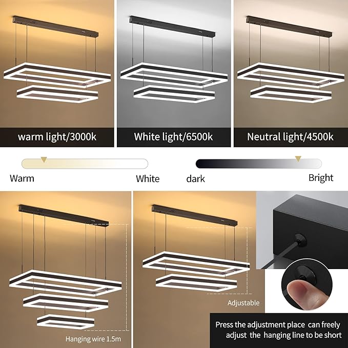 Modern LED Chandelier, Double Rectangles Ceiling Pendant Lights, LED Island Lights Dimmable Chandeliers for Dining Room Living Room Bedrooms, Black (40CM/60CM)