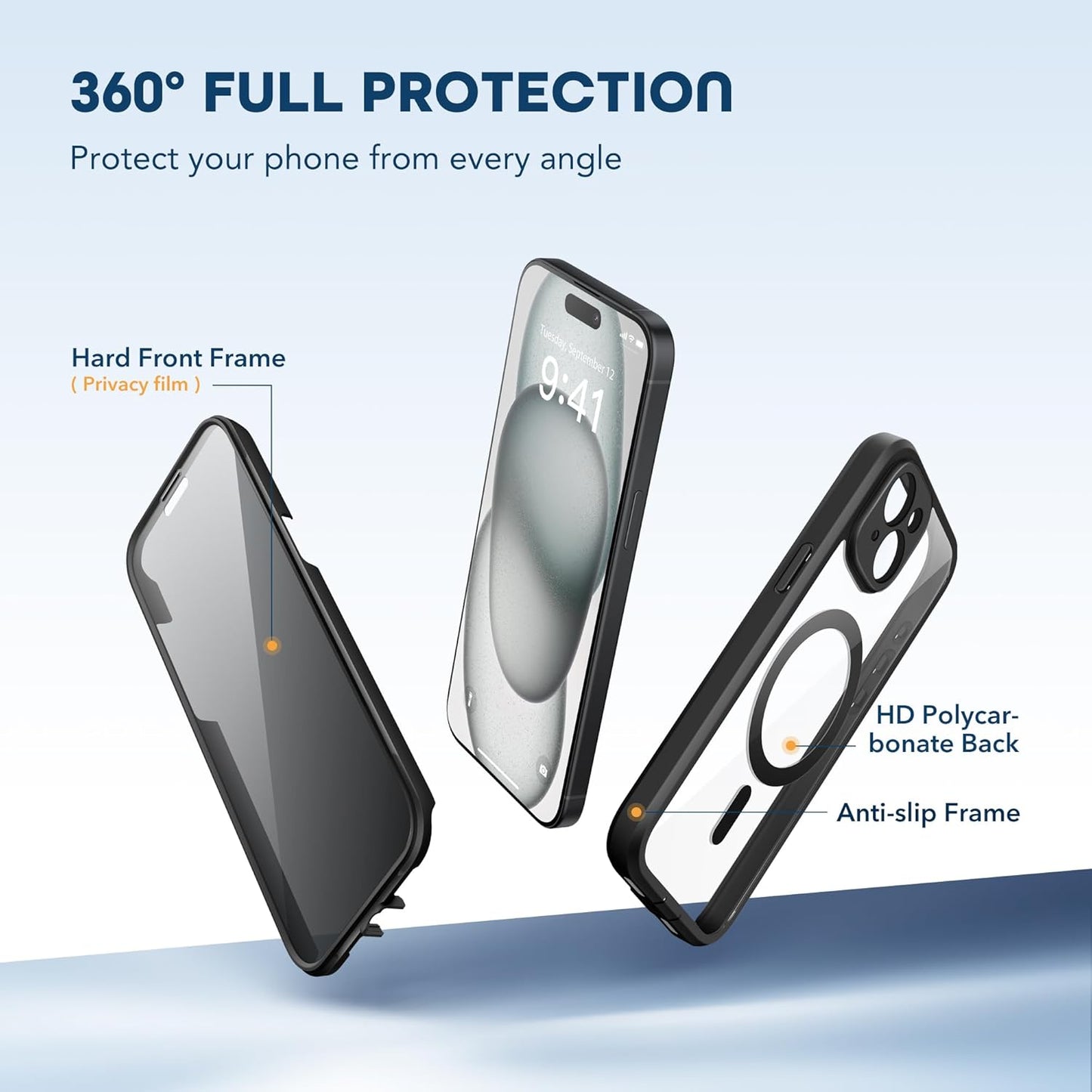 Magnetic for iPhone 15 Case, Compatible with MagSafe, Built-in Privacy Screen Protector and Camera Protection, Anti Spy Full Body Dustproof Shockproof Hard Phone Case 6.1", Black