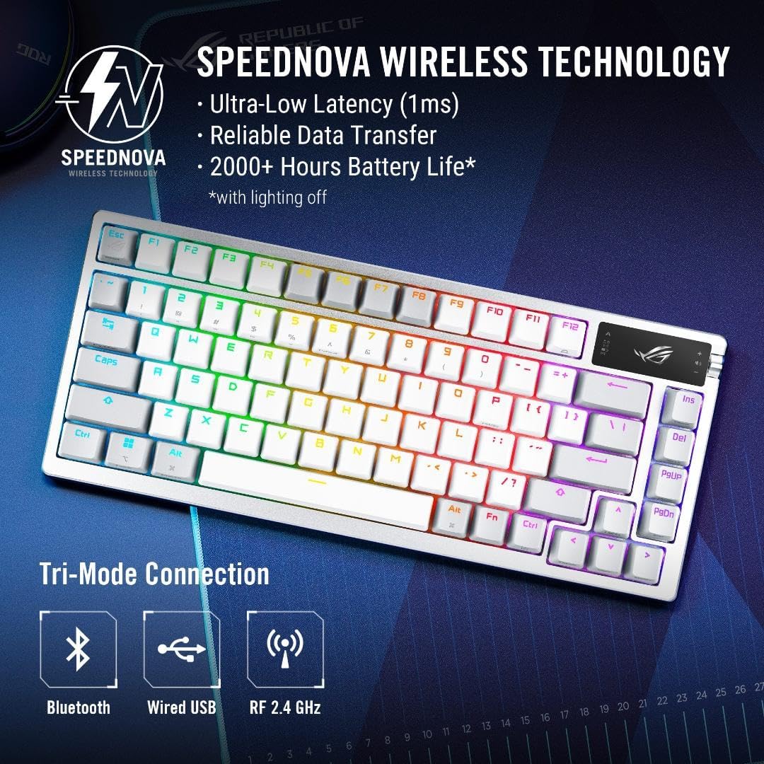 ASUS ROG Azoth 75 Wireless DIY Custom Gaming Keyboard, OLED display, Gasket-Mount, Three-Layer Dampening, Hot-Swappable Pre-lubed ROG NX Storm Switches & Keyboard Stabilizers, PBT Keycaps, RGB - White