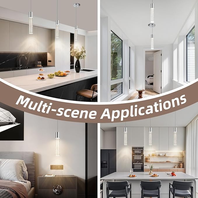 Pendant Lights Kitchen Island, 2700-6000K Modern Kitchen Island Lights,Brushed Nickel Dimmable Hanging Light Fixtures with Crystal Bubble, 12W LED Hanging Light for Dining Room, (3Pack)