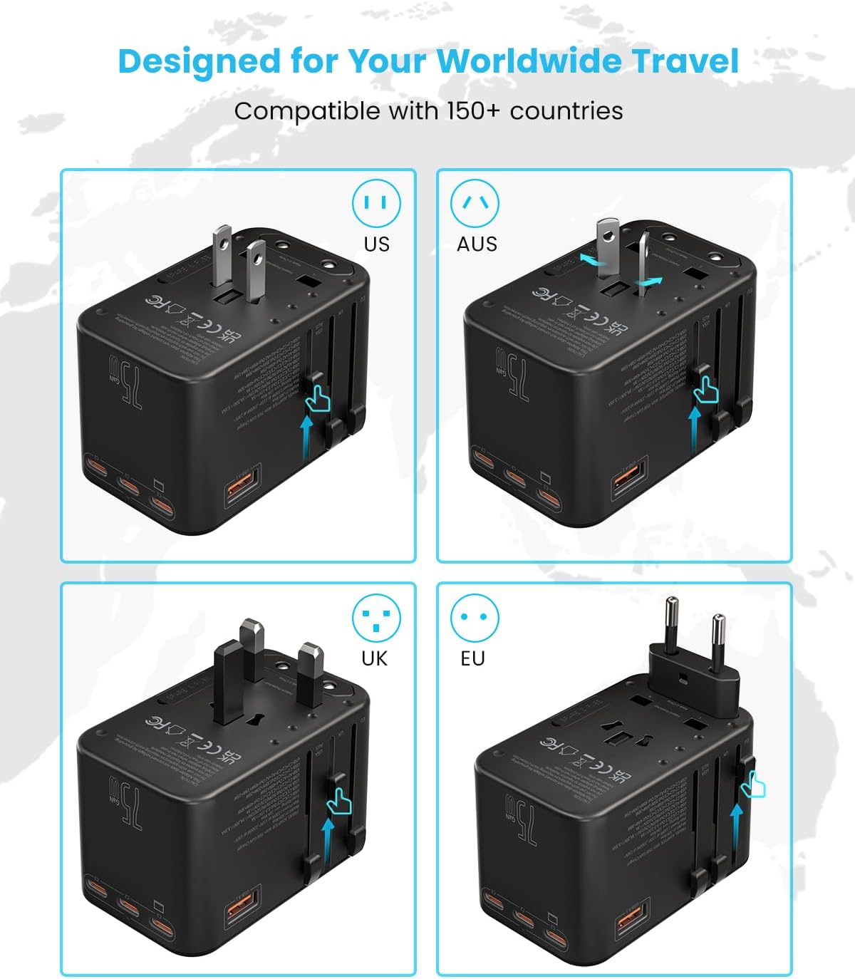 Universal Travel Adapter, VINTAR 75W GaN International Power Adapter with 3 USB C PD and 2 USB A QC, All in One Travel Essentials for UK/EU/USA/AUS, Travel Adapter Worldwide for Laptops Tablets Phones