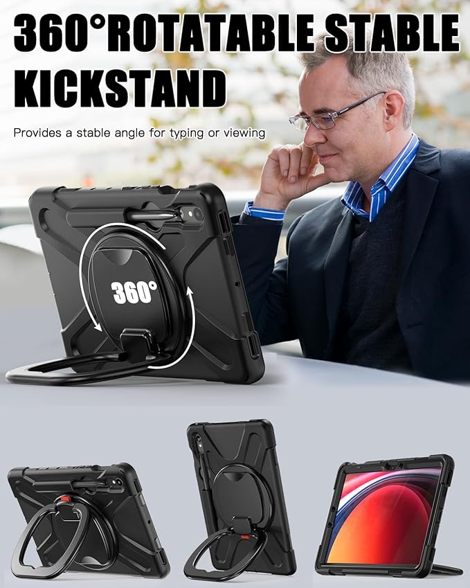 BRAECN Rugged Case for Samsung Galaxy Tab S10 Lite/S10 FE/S9 FE 10.9" & S9/S8/S7 11" SM-X400/X520/X510/X710 | Heavy Duty Shockproof Silicone Cover with Kickstand, Shoulder Strap & S Pen Holder, Black