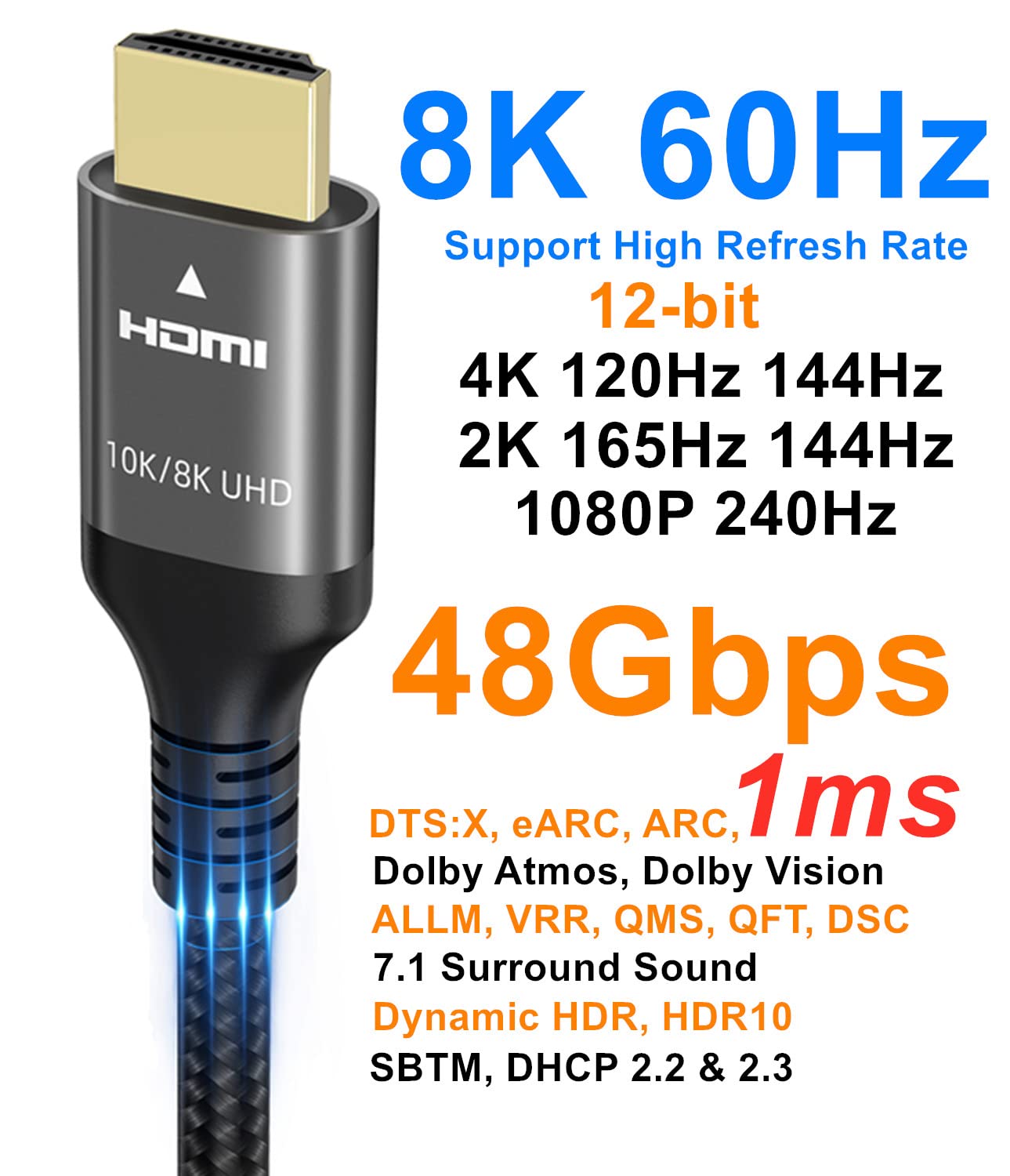 10K 8K 4K HDMI Cable 48Gbps 25 FT, Certified Ultra High Speed HDMI® Cable 4K 240Hz 144Hz 120Hz 8K60Hz 0.01ms HDR10+ eARC HDCP2.3 Netflix Roku TV PC Monitor Projector PS5 Xbox