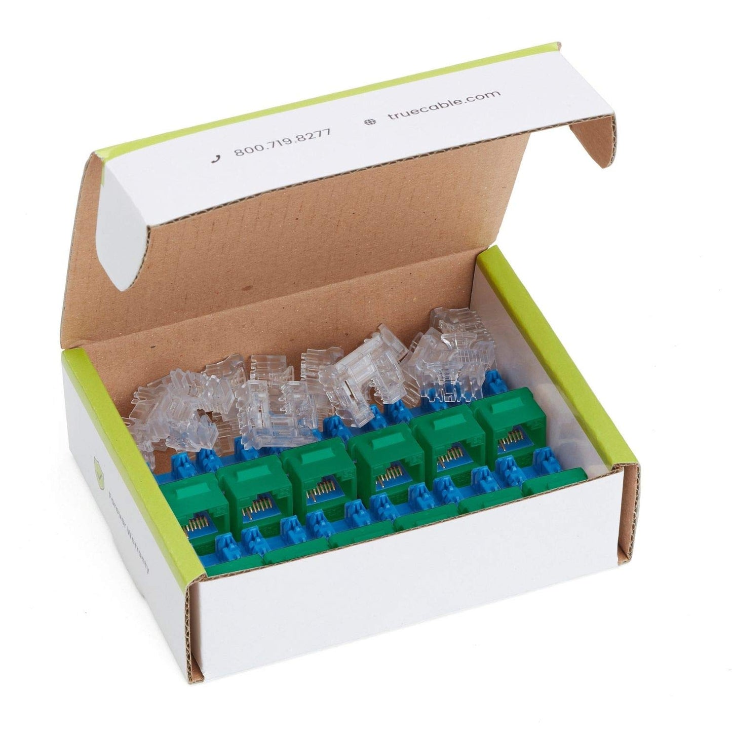 trueCABLE Cat6 Keystone Jack, Unshielded (UTP), 90 Degree Punch-Down, PoE++ (4PPoE) 100W, UL Listed, ETL Verified, ANSI/TIA Certified, Modular RJ45 Female, Green, 12 Pack