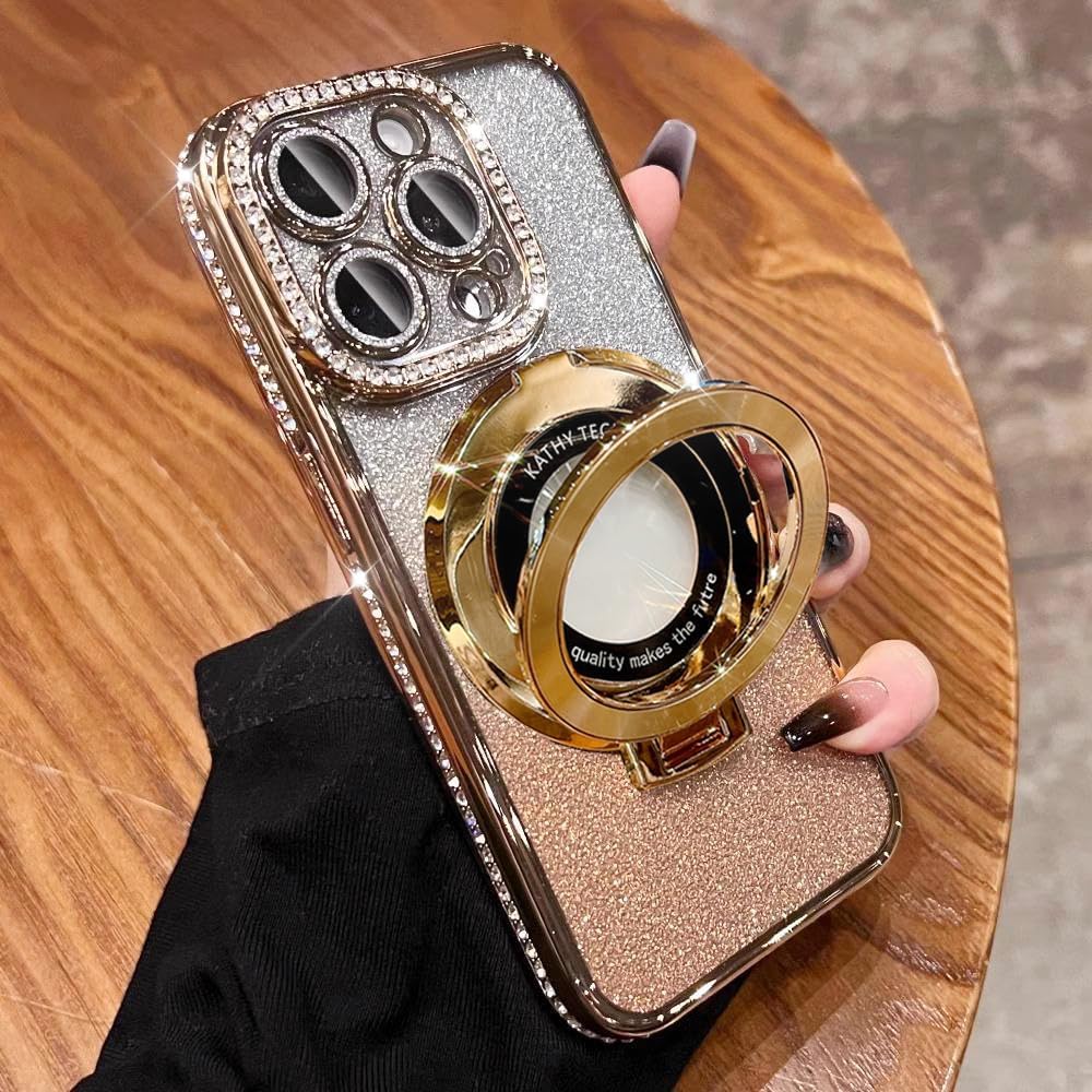 Magnetic Kickstand (Glitter Lens Protector ) Case for iPhone 15 14 13 12 Pro Max (Compatible with Magsafe ) Sparkling Diamond Cover Glitter Shiny Rhinestone Cases (Gold,for iPhone 12)