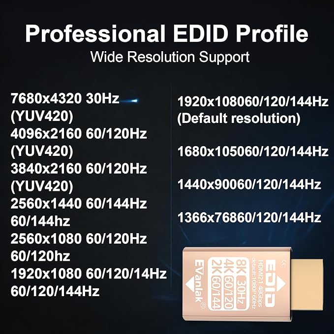 EVanlak HDMI EDID Emulator Adapter Dummy Plug, Virtual Display Headless Ghost HDMI Passthrough 1080P@60Hz to 8K@30Hz, Bi-Directional, Gold-1P