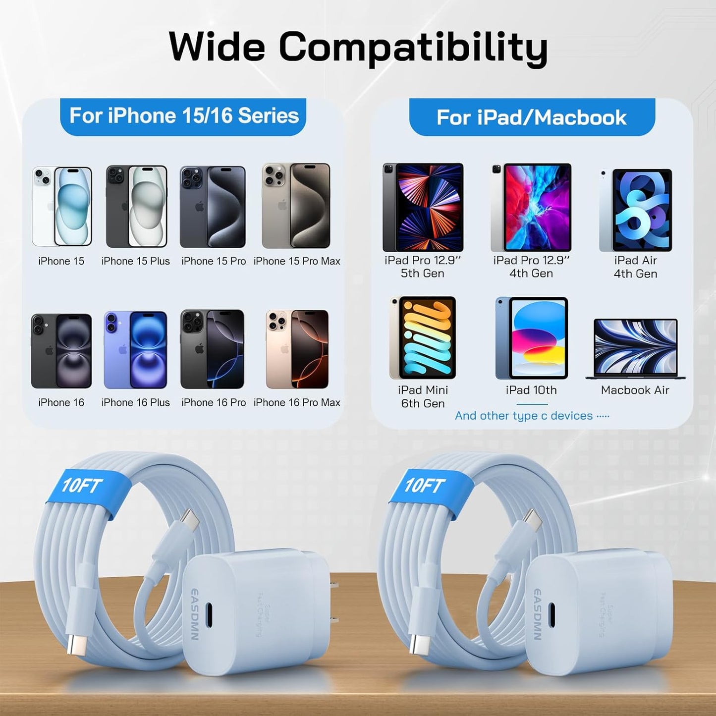 30W USB C i Phone 16 15 Charger Fast Charging, 2PACK Wall Charger for iPhone 16 15 Pro Max Charger Cord 10FT Fast Type C Charger Block for iPhone 16/16 Pro/15 Plus/15 Pro/15 Pro Max, iPad Pro, Blue