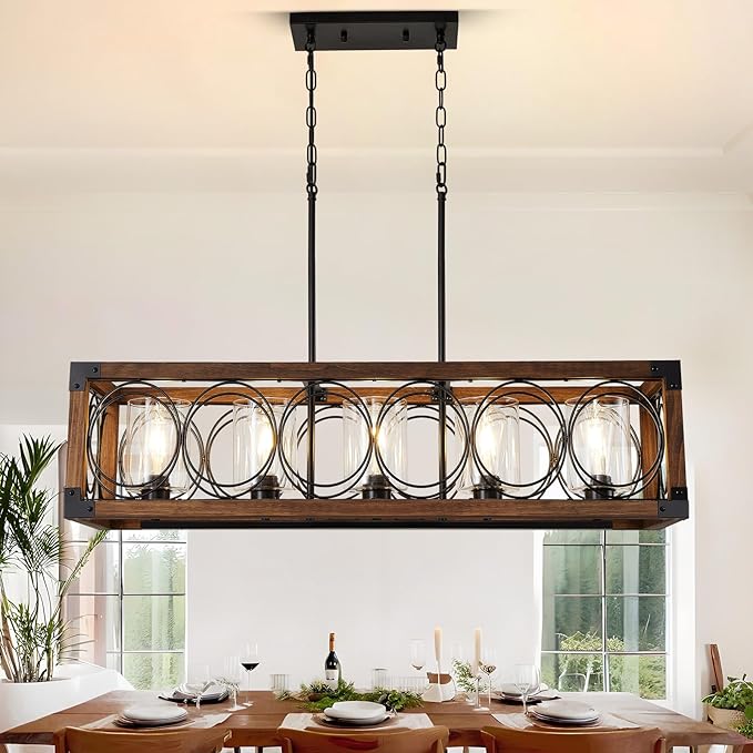 35.5" Dining Room Light Fixture/Chandelier Over Table, 5-Light Rustic Wood Kitchen Island Lighting with Clear Glass Shade Farmhouse Hanging Pendant Lights Fixtures for Kitchen Island Dining Room‌ Bar