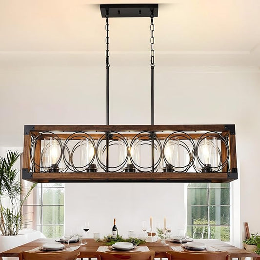 35.5" Dining Room Light Fixture/Chandelier Over Table, 5-Light Rustic Wood Kitchen Island Lighting with Clear Glass Shade Farmhouse Hanging Pendant Lights Fixtures for Kitchen Island Dining Room‌ Bar