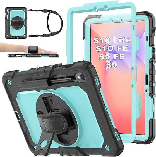 Case for Samsung Galaxy Tab S10 Lite/ S10 FE/ S9 FE 5G/ S9 Tablet Case 10.9"/11", Shockproof Protective Cover with Screen Protector, Pen Holder, 360° Rotating Stand and Hand Strap, SkyBlue