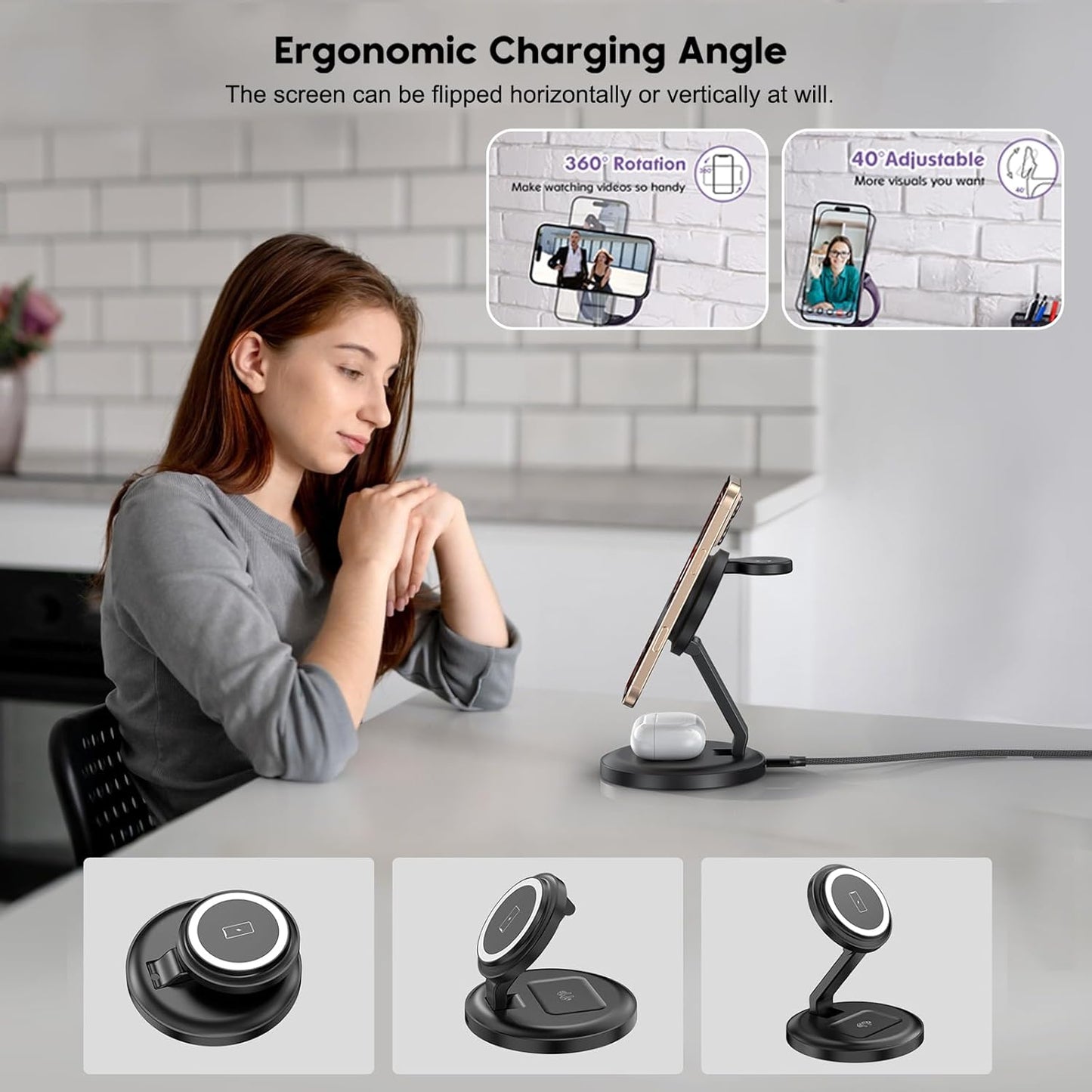 3 in 1 Foldable Wireless Charger iPhone Charging Station, 2Pack Magnetic Stand Wireless Charger Dock for Apple Multple Devices, with PD Adapter and USB C Cable for iPhone, iWatch & Airpods All Series