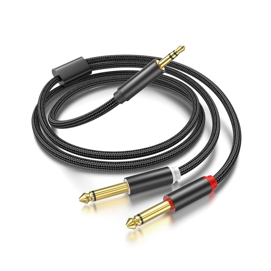 3.5mm to Dual 1/4 Adapter 1/8 to 6.35mm TS Mono Audio Cable Stereo Breakout Cord Y Splitter Compatible with iPhone, iPod, Computer Sound Card, Headphone, Speaker, Home Stereo System (3.3FT/1Pack)