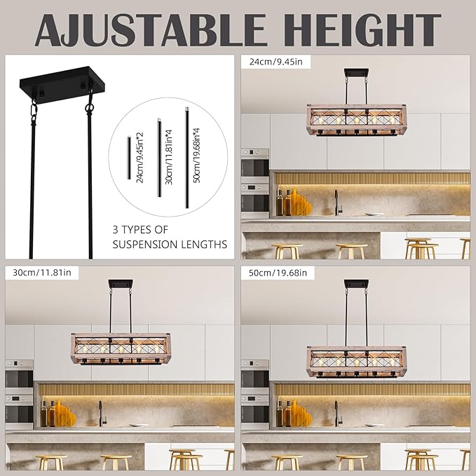 Rectangle Wood Chandelier Farmhouse Style Kitchen Pendant Lighting Over Island 5 Light 31 Inch Dining Room Light Fixture Adjustable Height Pendant Light for Dining Room Bar Pool Table.