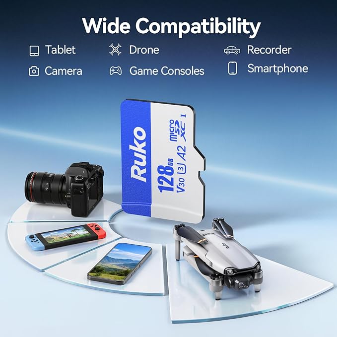 Ruko 128G Micro SD Card with Reader & Adapter, Memory Card Speed Up to 100MB/s, UHS-I, C10, A2, U3/V30, 4K UHD, Long-Lasting TF Card for Camera, Smartphone, Drone, Gaming Console