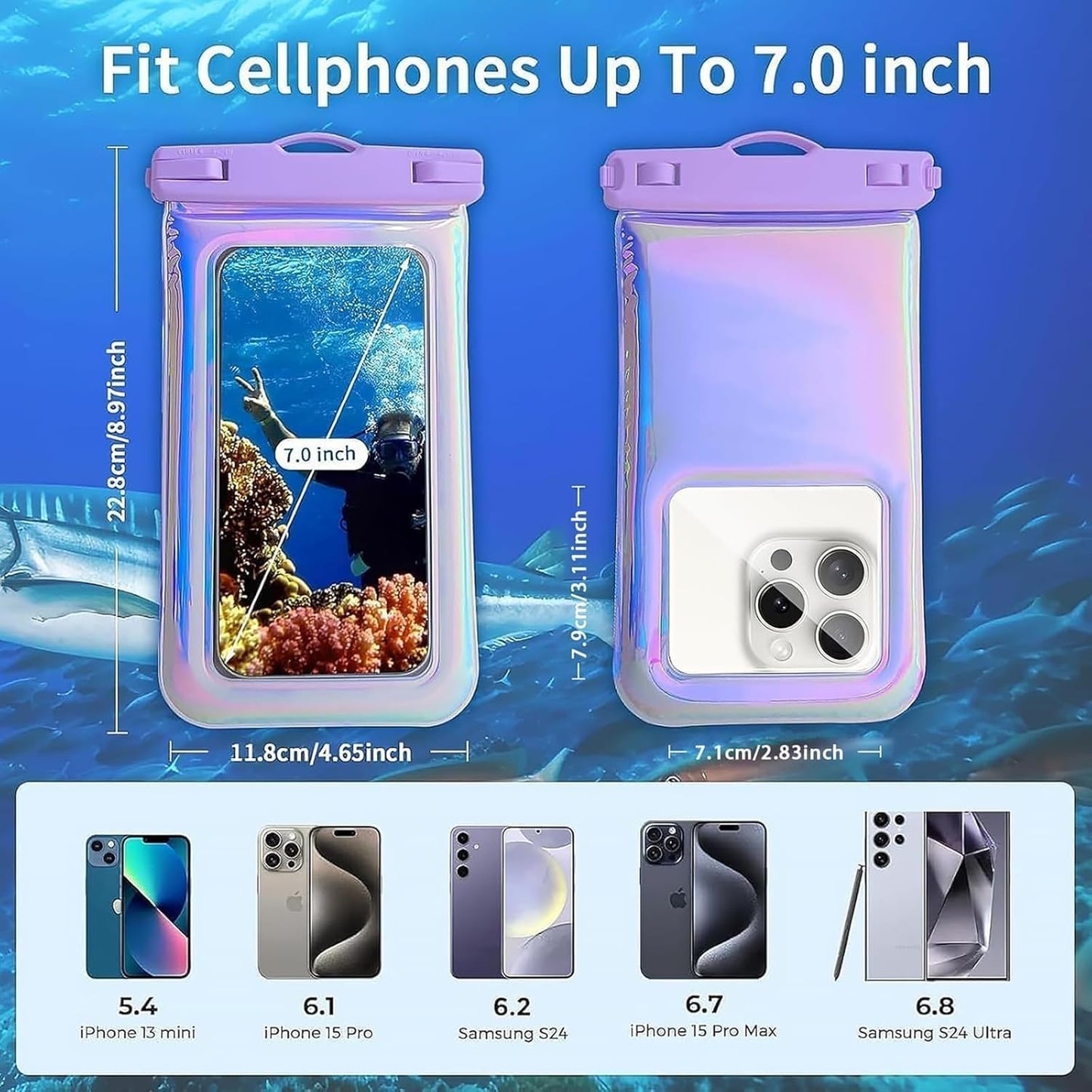 Floatable Waterproof Phone Pouch Case for iPhone 16 Pro Max/15/14/13/1, IP68 Travel Cellphone Dry Bag Beach Cruise Ship Essentials Bags with Crossbody Lanyard, Iridescent Purple and Blue B-7″