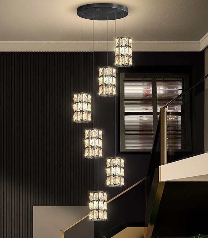 6-Lights Modern Crystal Pendant Lights for Kitchen Island LED Dimmable Glam Pendant Lighting Chandelier for Dining Room Hallway Corner Lamp Black