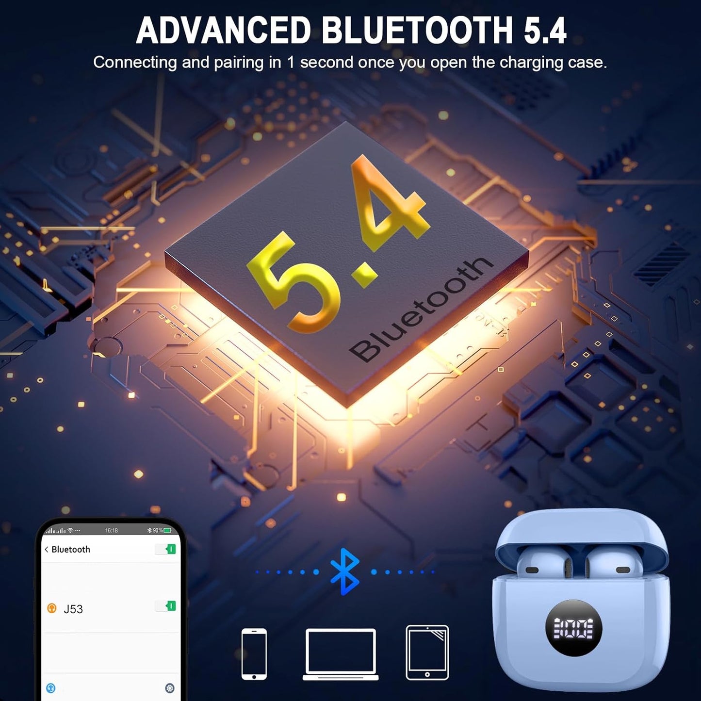 Jxrev Wireless Earbuds Bluetooth 5.4 Headphones Noise Cancelling, Bluetooth Earbuds with Dynamic Drivers Stereo, Earphones Wireless, 40H Playtime and LED Power Display, in Ear Buds for Android iOS
