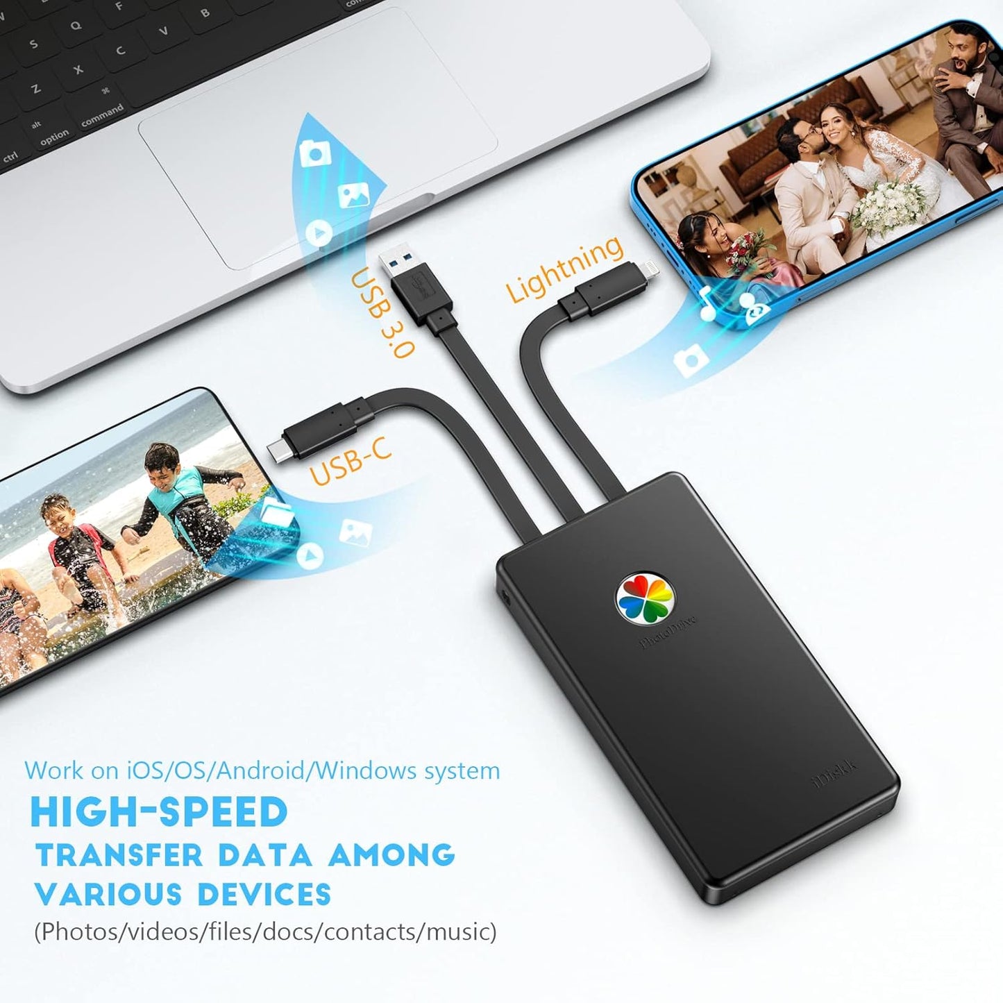 iDiskk App-le Certified, 2TB External Hard Drive,for iPhone iPad Android Phones,MacBook,Computer to Backup Docs| Photos | Videos,iPhone 15 & 16 Photo Stick Photo Storage Phone Drive