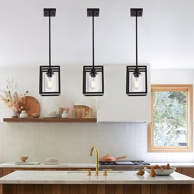MELUCEE 3-Light Hanging Kitchen Lights Over Island with Clear Glass Shade, 3 Pack Black Small Chandelier Farmhouse Pendant Light for Kitchen Island Dining Room Hallway