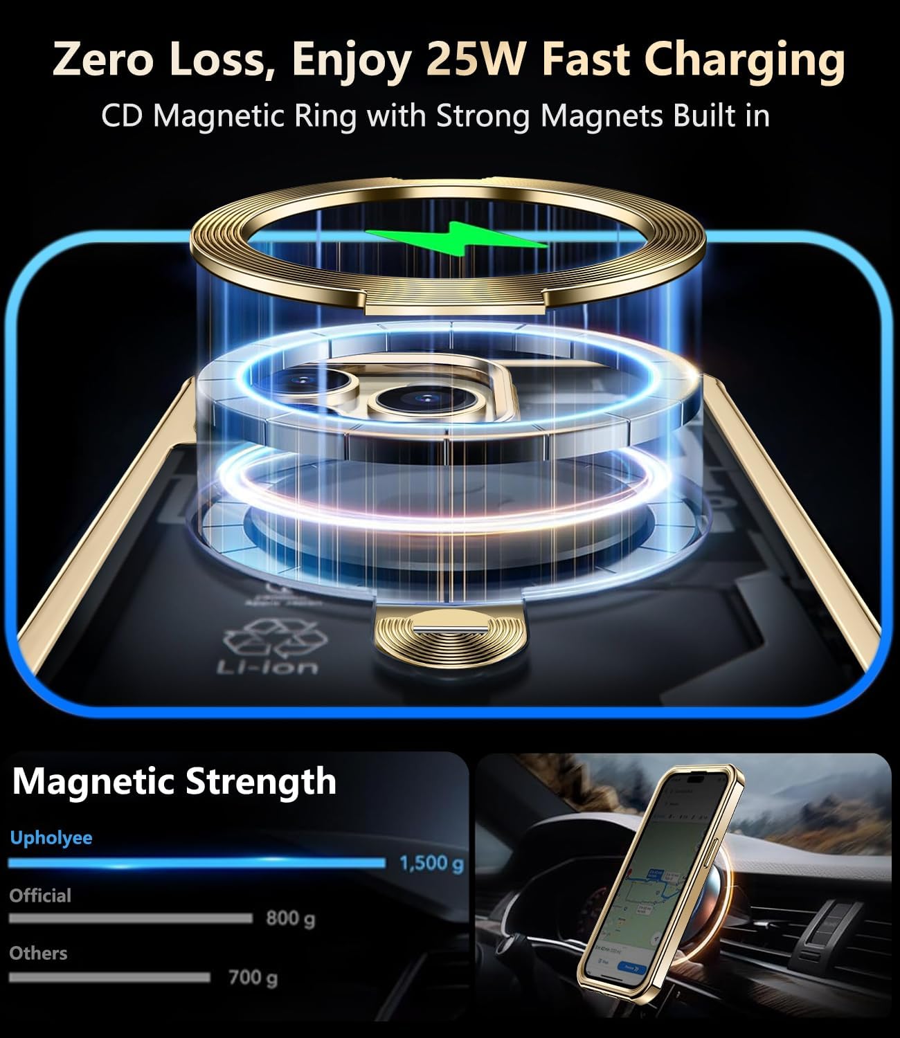 [360° Rotatable CD Stand & Built-in Privacy Screen Magnetic Case for iPhone 15 Pro [Compatible with MagSafe & Full Signal] Mil-Grade Shockproof Full Body Anti-Spy Cover for 15 Pro-Gold