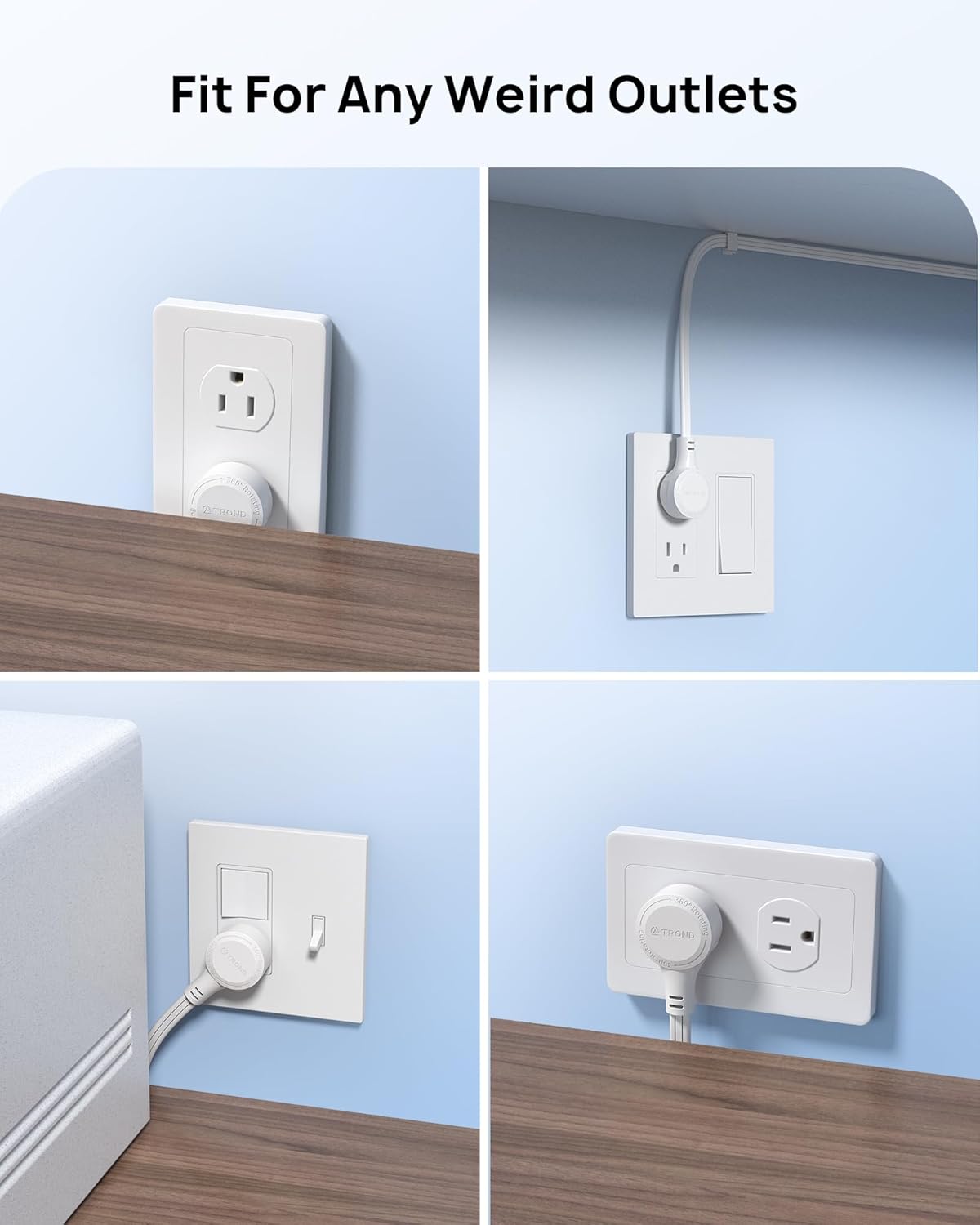 TROND 360° Rotating Flat Plug Extension Cord Surge Protector 10ft, Small Power Strip with 900 Joules, 3 Side Grounded Outlets, 13A, SPT 16/3 Gauge Wire, for Indoor Home Office Dorm Essentials, White