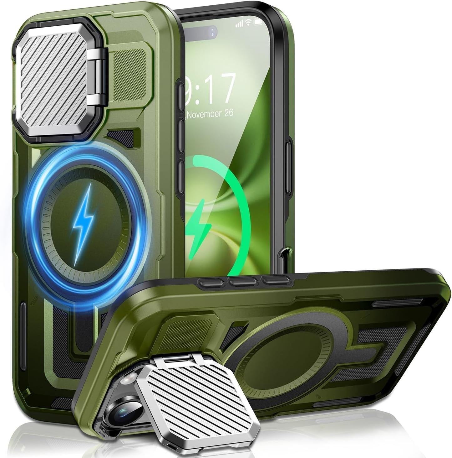 Camera Stand Case for iPhone 16 Plus, [Compatible with Mag Safe] [Lens Cover] 2024 Version Military Grade Protective Soft Case for iPhone 16 Plus 6.7 inch Men Women,Green