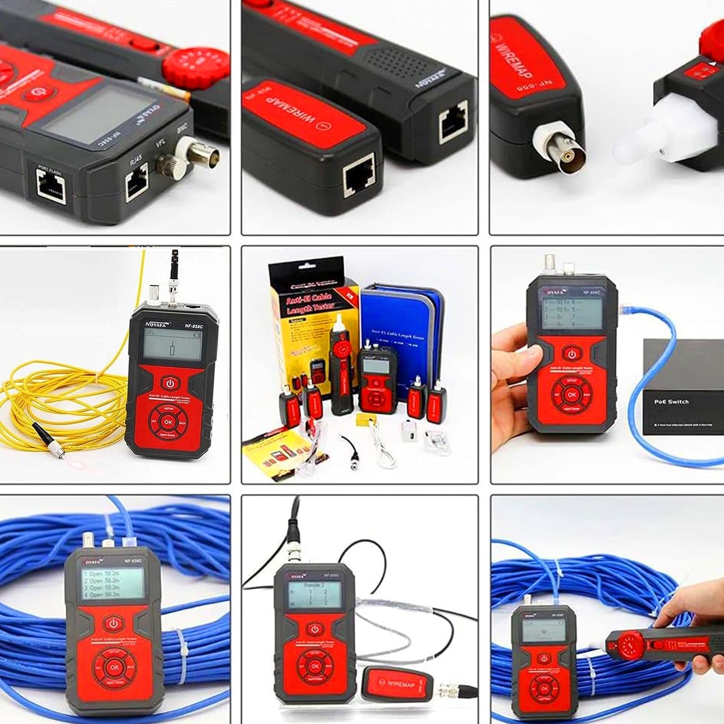 NOYAFA NF-858C Network Cable Tester Multifunctional with VFL Function,RJ11 RJ45 BNC,POE Voltage Testing Trace Cable Line Locator for Telephone/Ethernet/LAN Coax Cable Rechargeable Anti-Interference