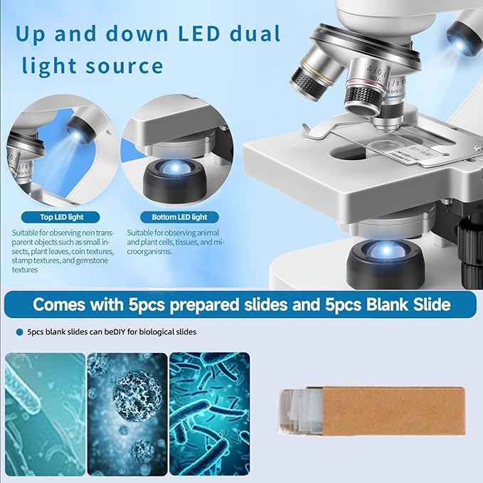 Microscope 40x-2000x Magnification with up and Down LED Lights, Double-Layer Stage, Primary and Secondary School Students, Children's Compound Microscope (Single) (WiFi Electronic Eyepiece)