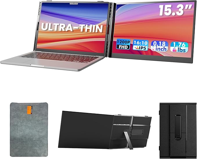 Laptop Screen Extender, Ultra-Thin 15.3" FHD 1200P 16:10 Portable Monitor for Laptop, Lightweight Dual Monitor Extender Plug & Play for 14"-17.3" Laptops, Compatible with Wins/Mac/Chrome/Linux
