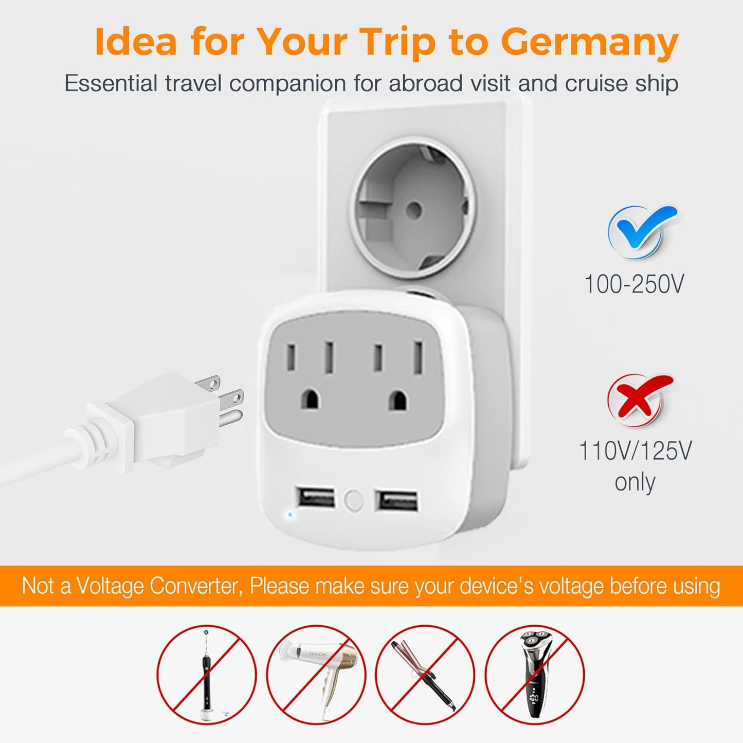 TESSAN Germany France Power Adapter, Type E F Plug Adaptor with 2 USB Ports 2 AC Outlets, US to European Europe German French Spain Greece Iceland Norway Russia Korea Poland