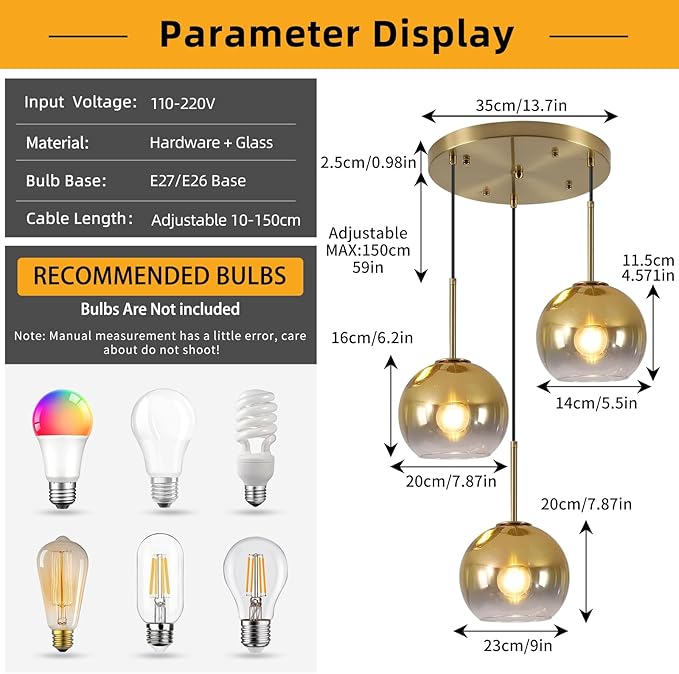 Mikeru Modern Gold Glass Chandelier, 3 Light Cluster Pendant Light Fixtures Kitchen Island Lighting Kitchen Island Pendant Lighting Hanging Lights Multi Light Large Pendant Lighting（Without Bulb）