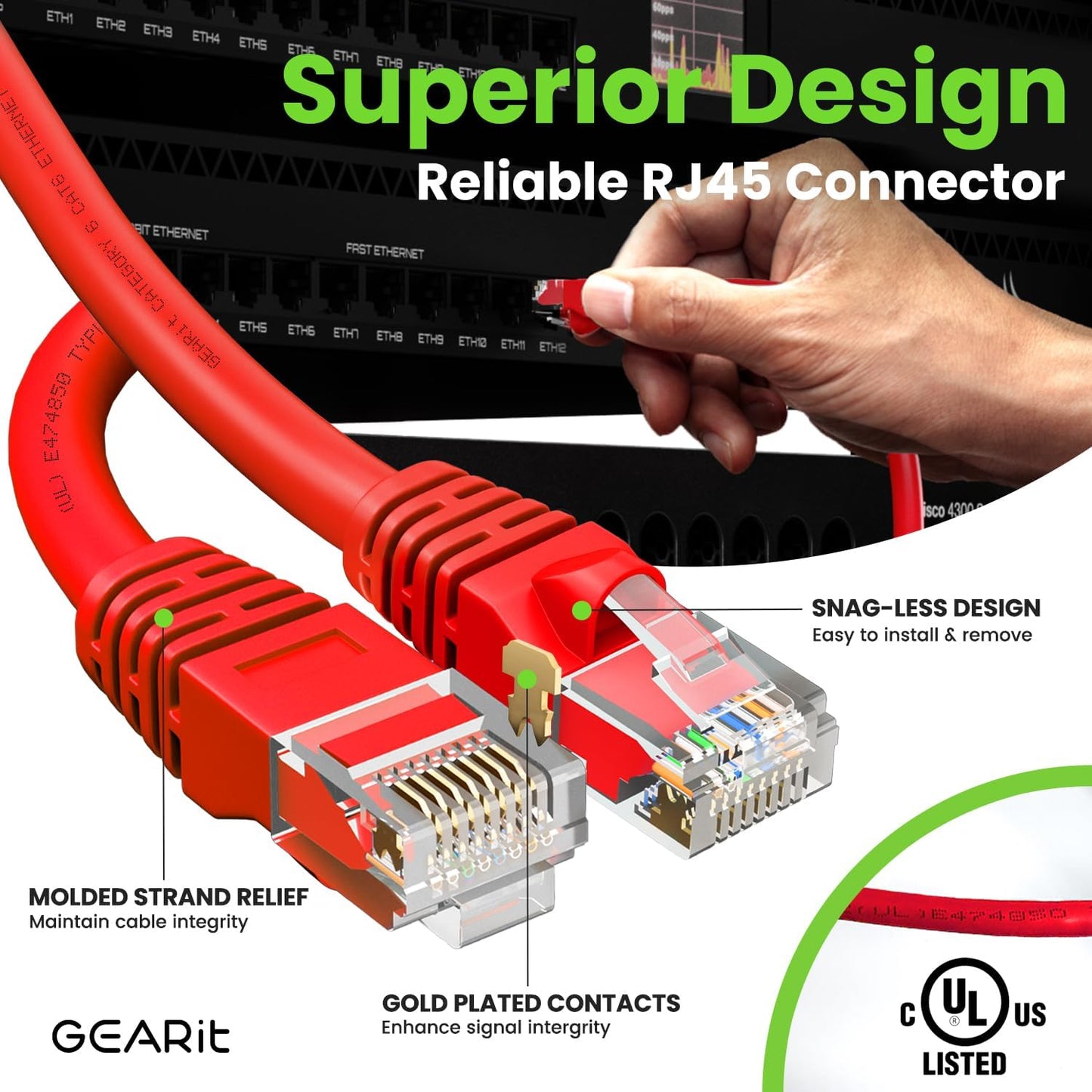 GEARit Cat 6 Ethernet Cable (1-Pack 25 Feet) Cat6 Network Patch, 10Gbps, RJ45, Snagless Cord, Gold-Plated Connectors, Internet for PC, TV, Tablet, Router, Printer, Servers, IT Data Center - Red