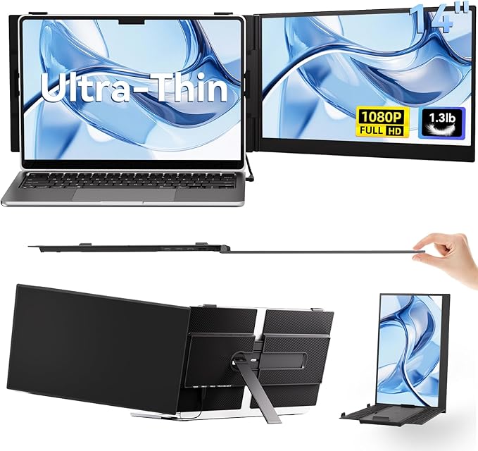 14" Laptop Screen Extender, Ultra-Thin Ligthweight FHD 1080P IPS Laptop Monitor Extender Dual Screen, Portable Monitor for Laptops 13-17.3" USB-C/HDMI Plug and Play for Windows/Mac/Android/PS5