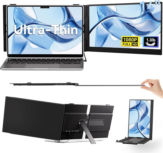 14" Laptop Screen Extender, Ultra-Thin Ligthweight FHD 1080P IPS Laptop Monitor Extender Dual Screen, Portable Monitor for Laptops 13-17.3" USB-C/HDMI Plug and Play for Windows/Mac/Android/PS5