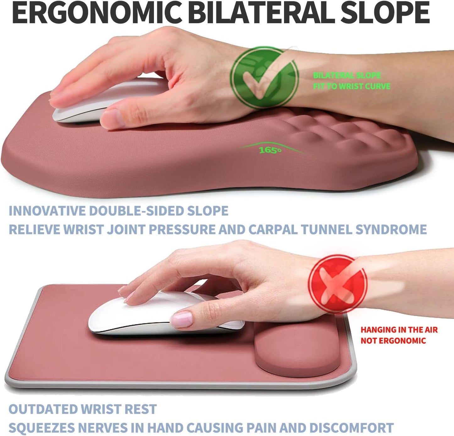 Ergonomic Raised Mouse Pad Wrist Support with Bilateral Slope Memory Foam Mousepad for Wrist Rest and Carpal Tunnel Pain Relief 11.8x7.9〃 Salmon Pink