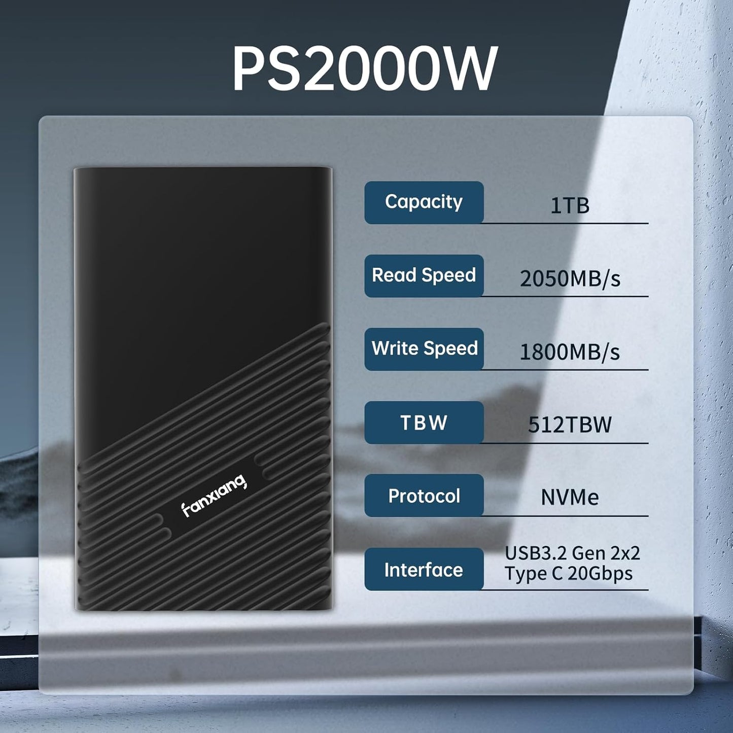 fanxiang 1TB External SSD, Portable Solid State External Hard Drive USB 3.2 Gen2x2, Up to 2000MB/s, USB-C External Storage for iPhone 15/Pro, PC, Laptop, Creators,Gaming Console - PS2000W