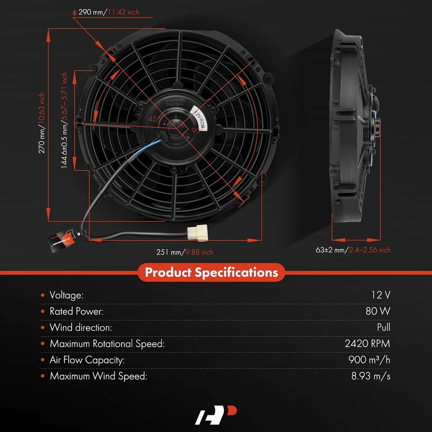 A-Premium 10'' 10 inch Universal Slim Fan Electric Radiator Cooling Fan Assembly, 12V 80W with Mount Kit