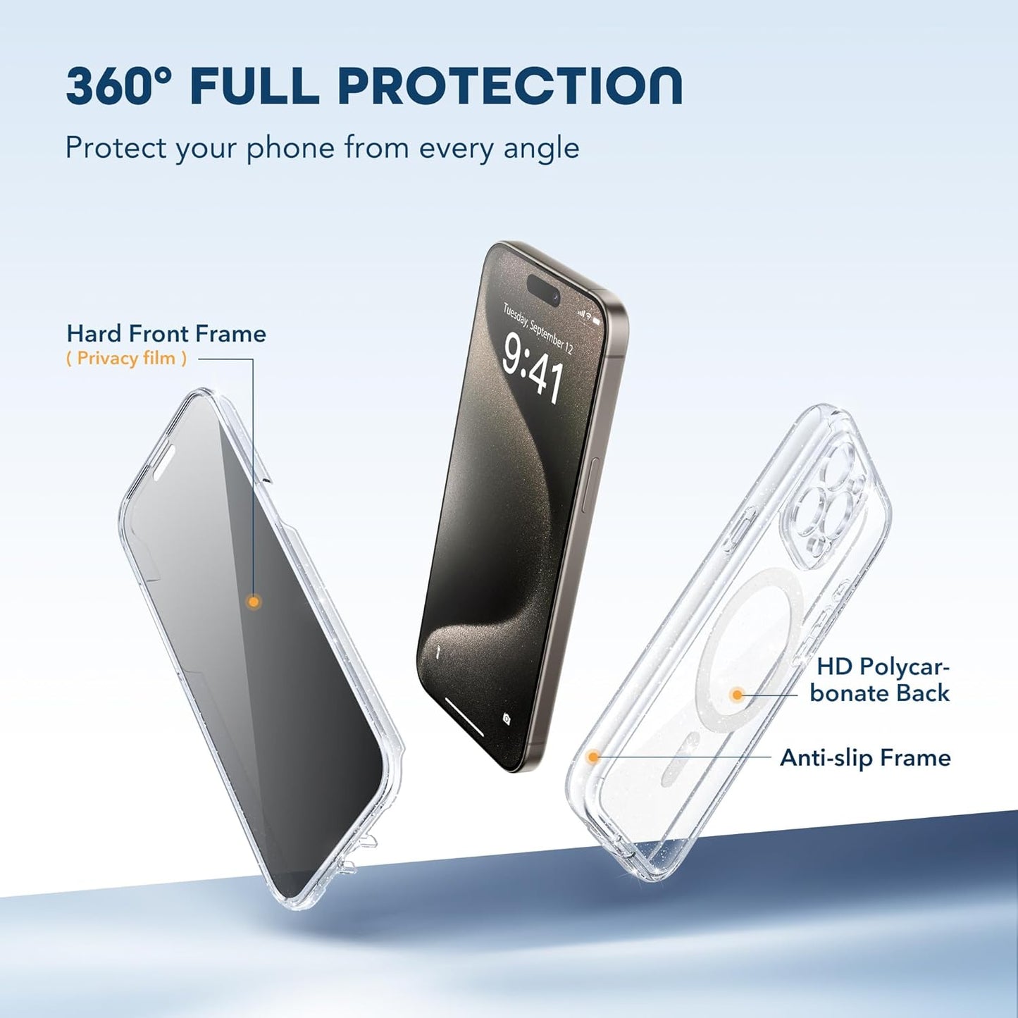 Magnetic for iPhone 15 Pro Case, Compatible with MagSafe, Built-in Privacy Screen Protector and Camera Protection, Anti Spy Full Body Dustproof Shockproof Hard Phone Case 6.1", Shiny Clear