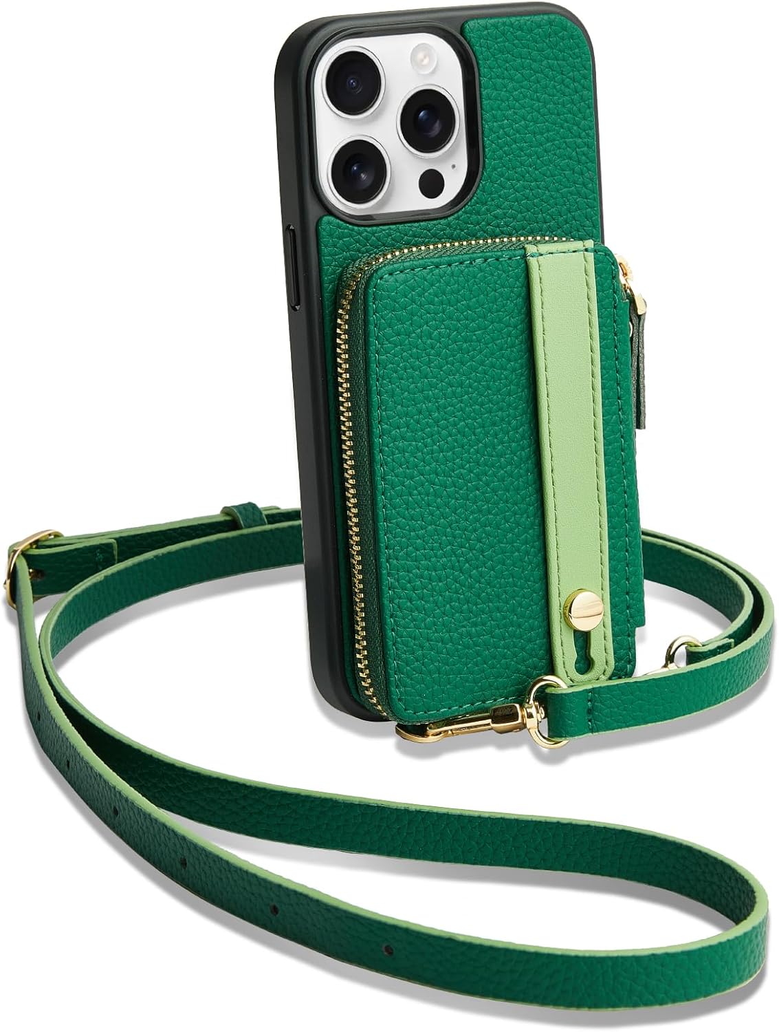 LAMEEKU for iPhone 15 Pro Wallet Case, Zipper Leather Card Slots Crossbody Cover Wrist Strap Lanyard with Phone Grip Holder Stand for iPhone 15 Pro 6.1 inch Dark Green