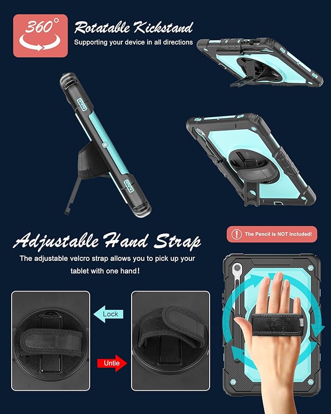 Case for Samsung Galaxy Tab S10 Lite/ S10 FE/ S9 FE 5G/ S9 Tablet Case 10.9"/11", Shockproof Protective Cover with Screen Protector, Pen Holder, 360° Rotating Stand and Hand Strap, SkyBlue