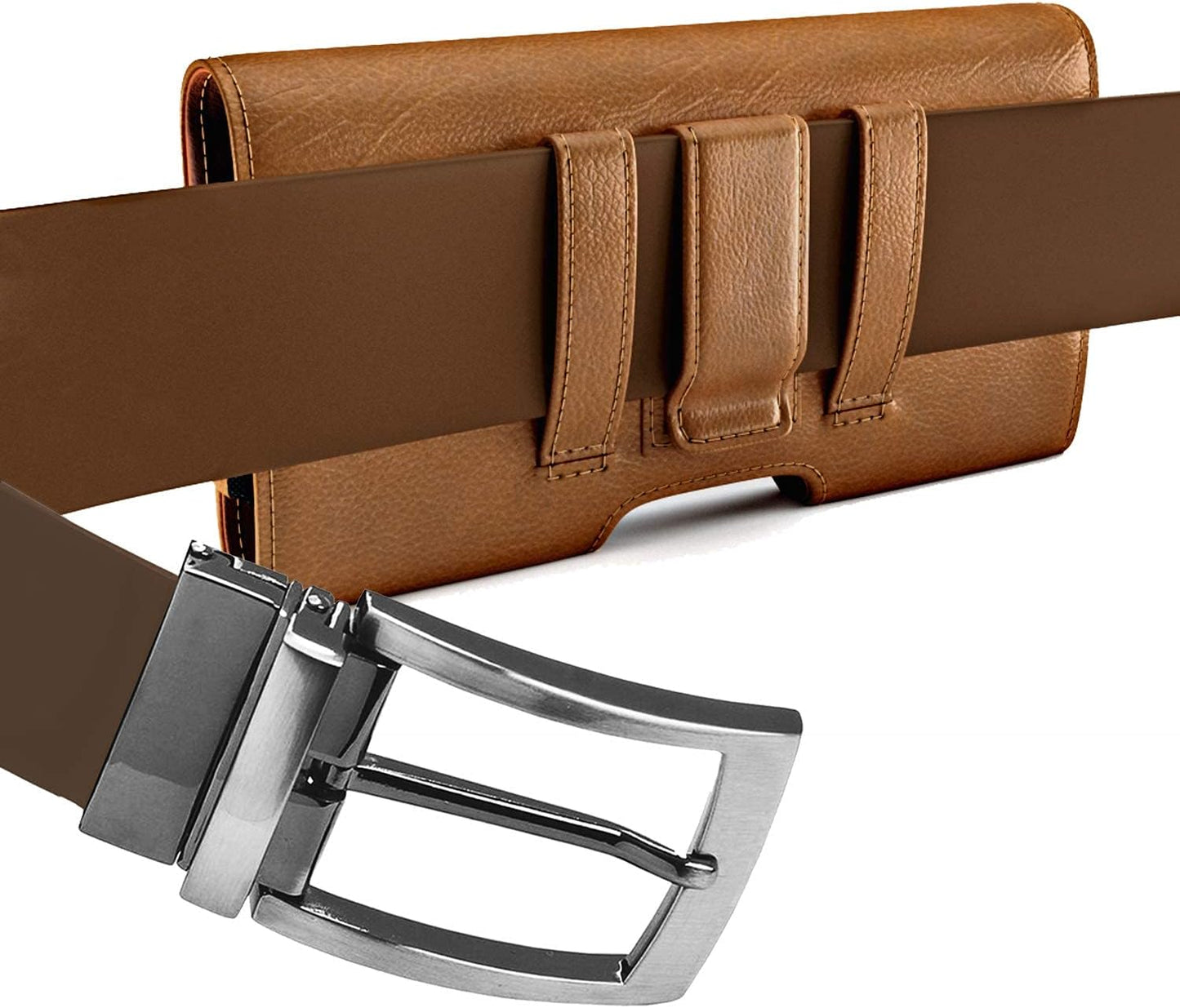 PiTau Holster for iPhone SE 8 7 6 6s, Cell Phone Belt Holder with Clip for Men, Fits Smartphone with Case On, Cellphone Cover with ID Card Pouch, Brown- Small