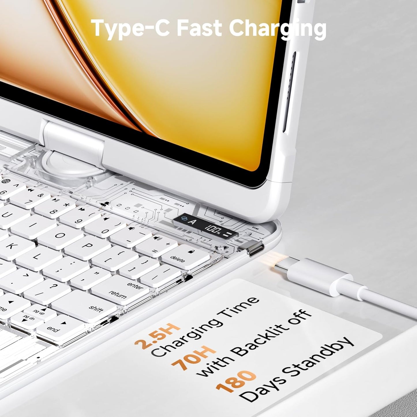 Keyboard Case for iPad 11 inch Pro 4/3/2/1st Gen & 11’’ iPad Air 2025 M3, 2024 M2 & 10.9" iPad Air 5th/4th Gen, 360° Rotating Stand Transparent Protective Cover with Pencil Holder (White)
