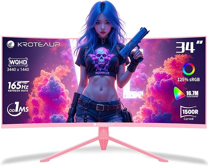 Pink 34 Inch Curved Gaming Monitor, 3440x1440 165Hz Ultrawide Computer Monitor, HDR400 1500R -Pip 1ms(Mprt) ‌125% sRGB, Dci-P3 92%, HDMI/DP, Port, Suitable for Games and Office Work